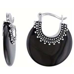 Crescent Hoop Earrings Synthetic Black Onyx Stone & Silver Electro-Plated